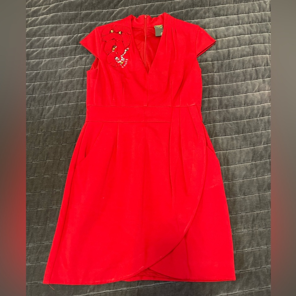 Taylor Red Asymmetrical Wrap Midi Dress
